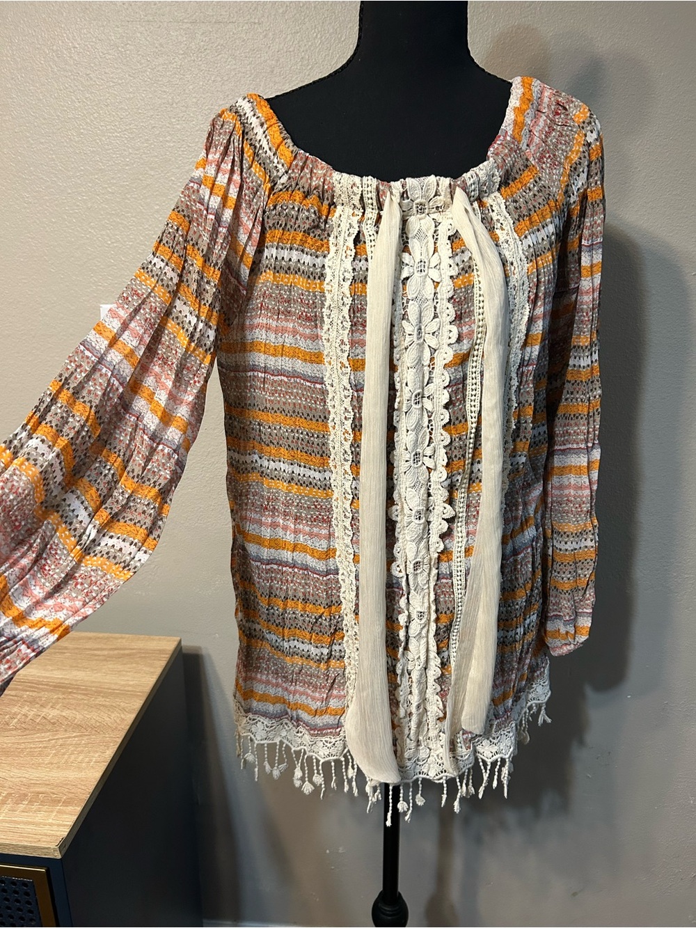 RYU Womens Large Boho Peasant Blouse Lace Crochet Fringe Tassel Festival Top